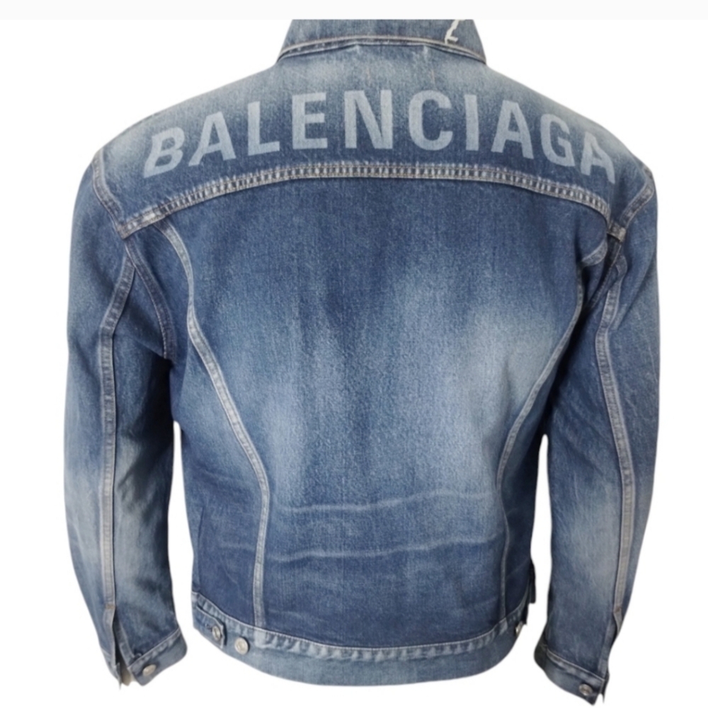 BALENCIAGA Back Logo Blue Denim Thrashed Jacket Mens size L Old Money Luxurycore - Picture 3 of 14